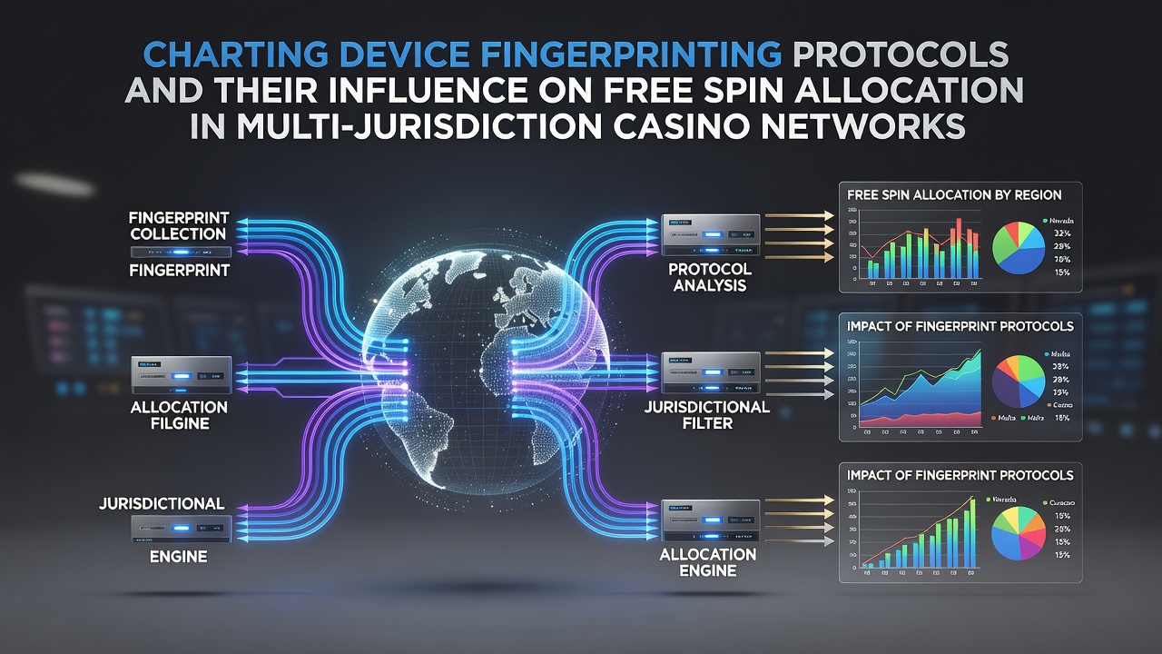 Diagram showing device fingerprinting data points flowing into casino network servers across multiple jurisdictions