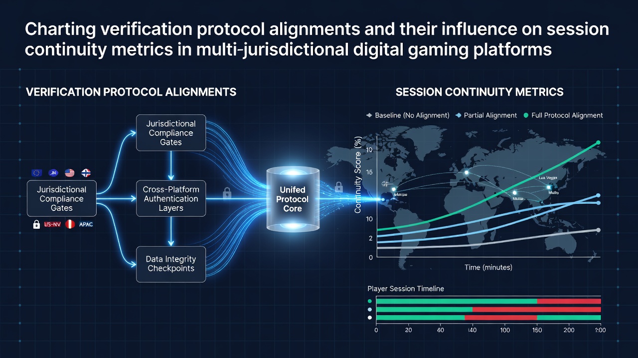 Diagram showing verification protocol flows across multiple gaming jurisdictions with session continuity indicators