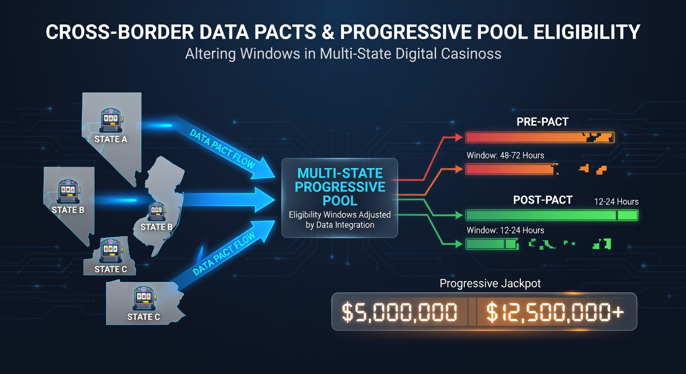 Digital representation of interconnected casino networks across state lines with data flow visualizations