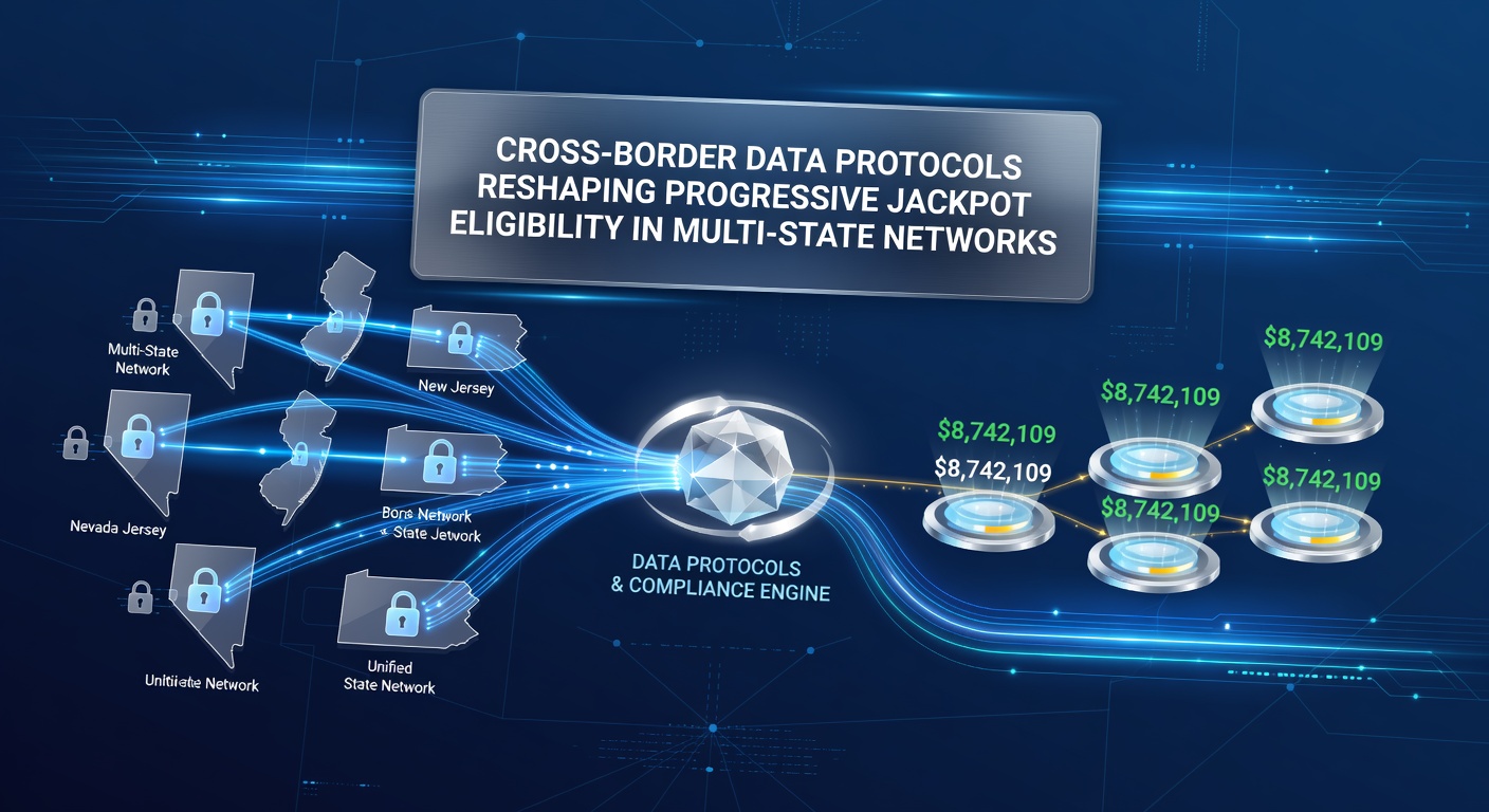 Casino floor with interconnected slot machines linked through secure data channels across state lines