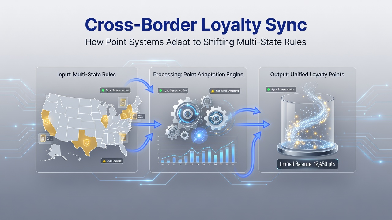 Technical diagram showing loyalty point data flows between state regulatory databases and operator platforms