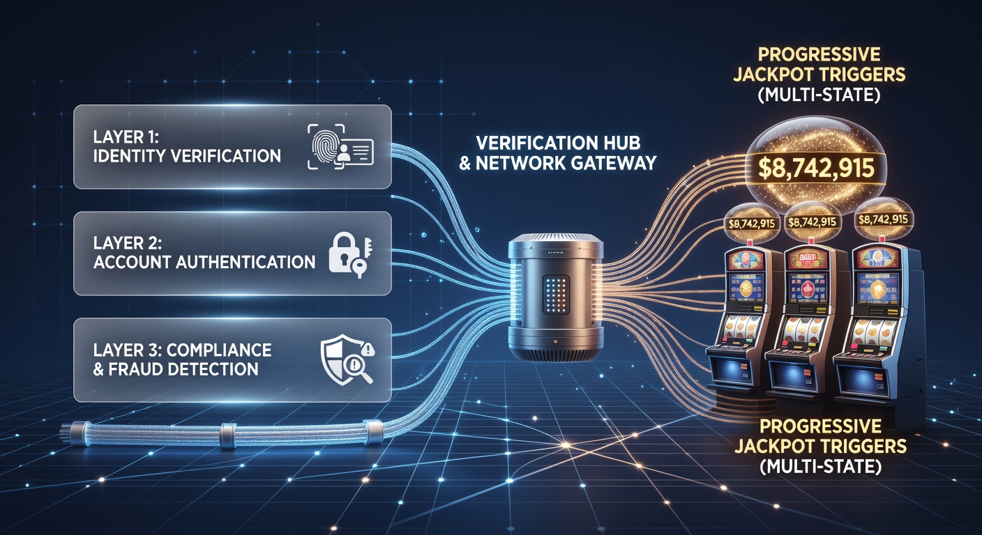 Network diagram showing account verification checkpoints connected to progressive jackpot systems in multi-state slot operations