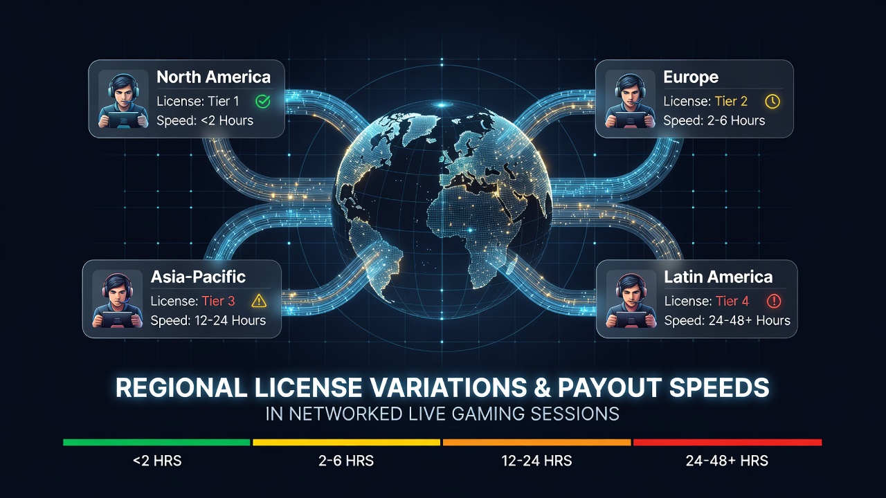 Networked live gaming setup showing multiple regional license indicators and payout flow diagrams