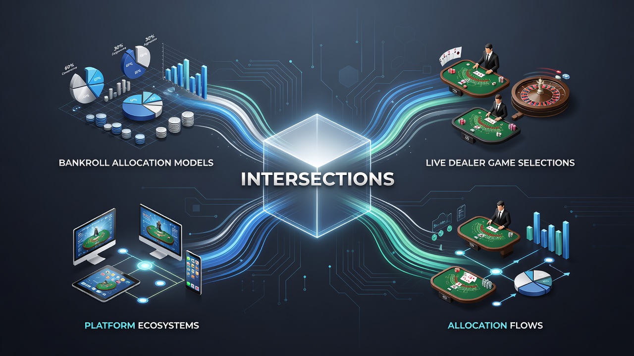 Visual representation of bankroll allocation models intersecting with live dealer game options on various digital casino platforms