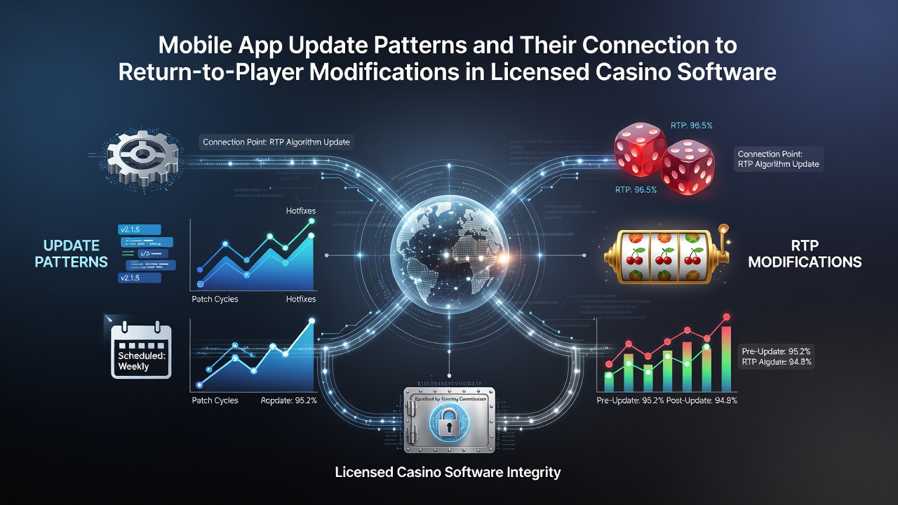 Mobile casino app interface showing update notifications and RTP configuration panels in a licensed gaming environment