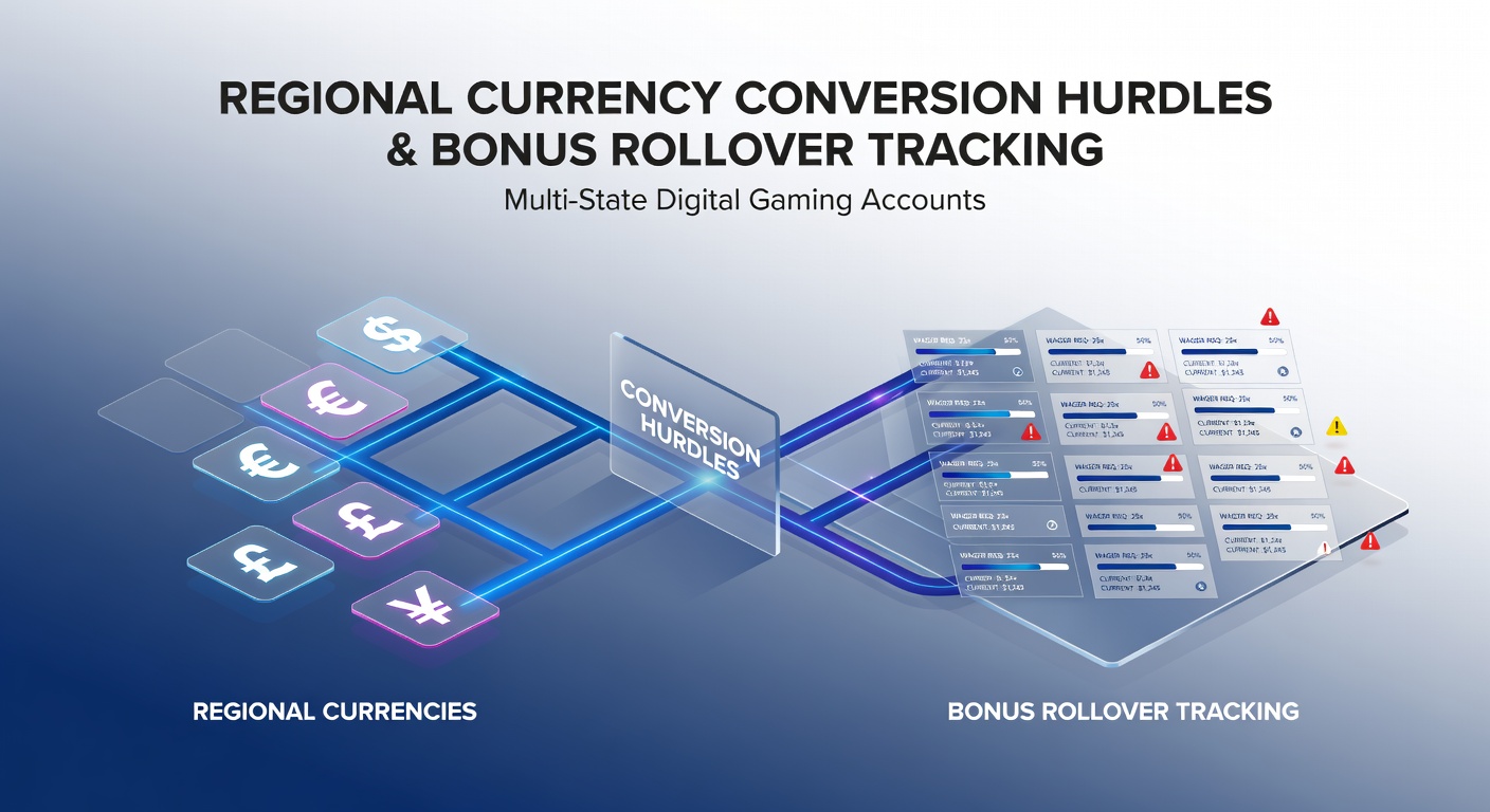Illustration of regional currency symbols overlaying digital gaming account interfaces with bonus tracking elements