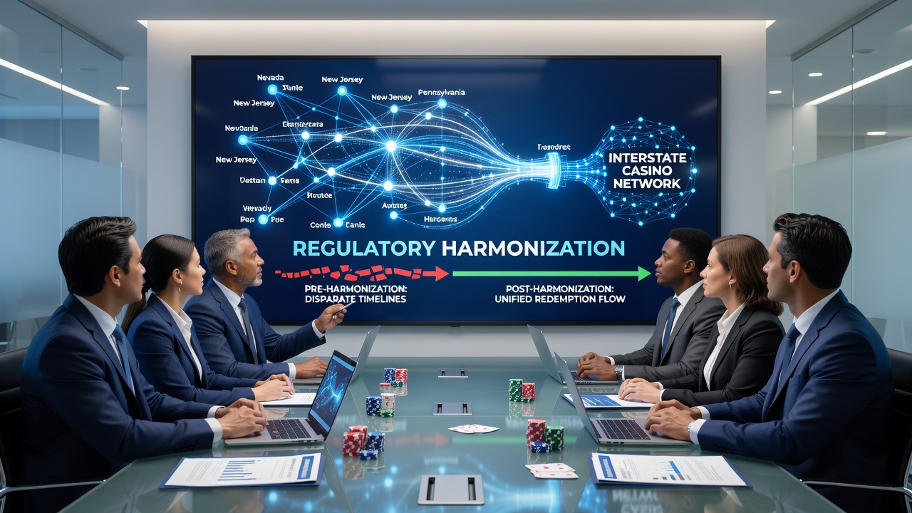 Regulatory officials reviewing interstate casino network compliance documents related to loyalty program timelines