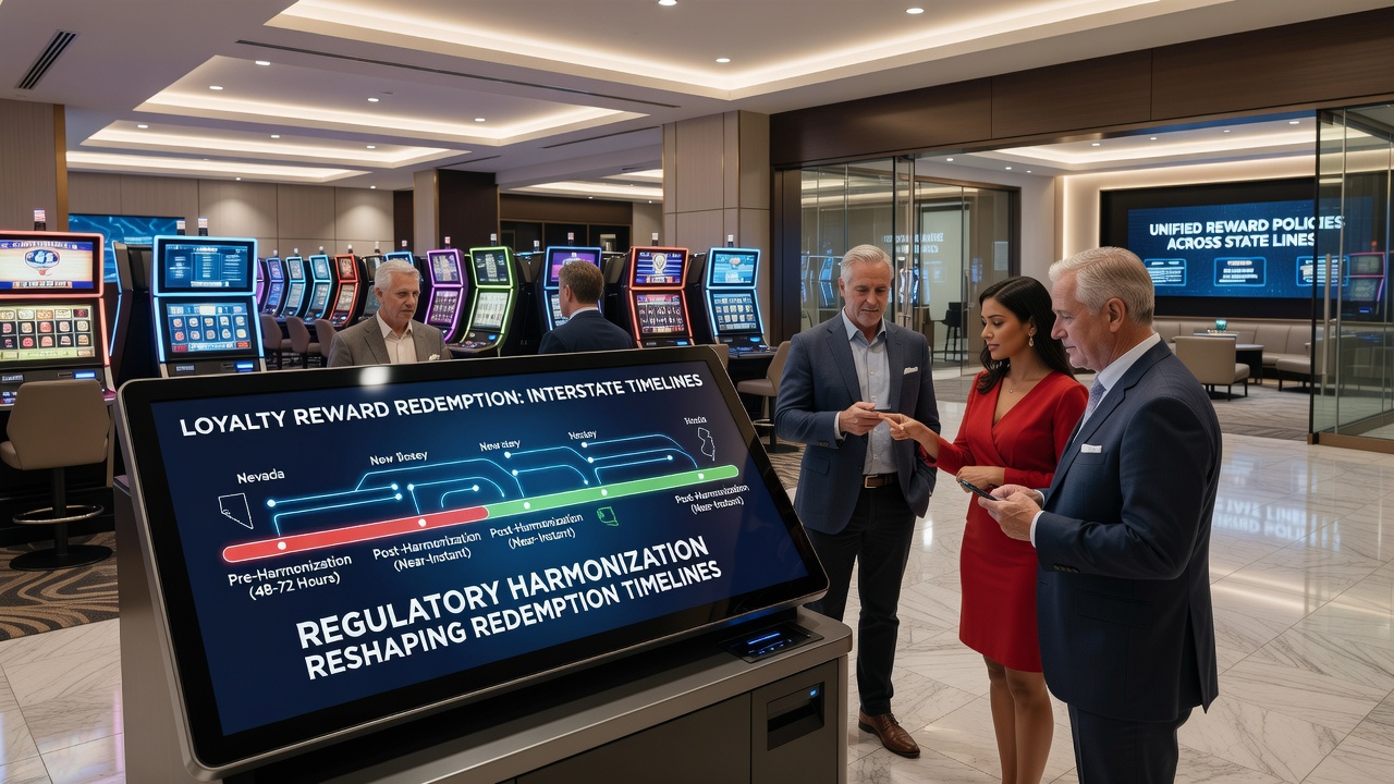 Casino network dashboard displaying synchronized loyalty reward redemption timelines across multiple states