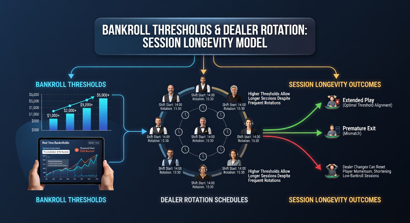 Diagram showing bankroll threshold lines intersecting with dealer rotation timelines in a live casino setting