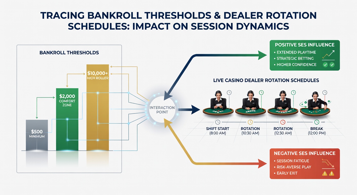 Live casino floor view with multiple tables and visible dealer change indicators overlaid on bankroll tracking elements