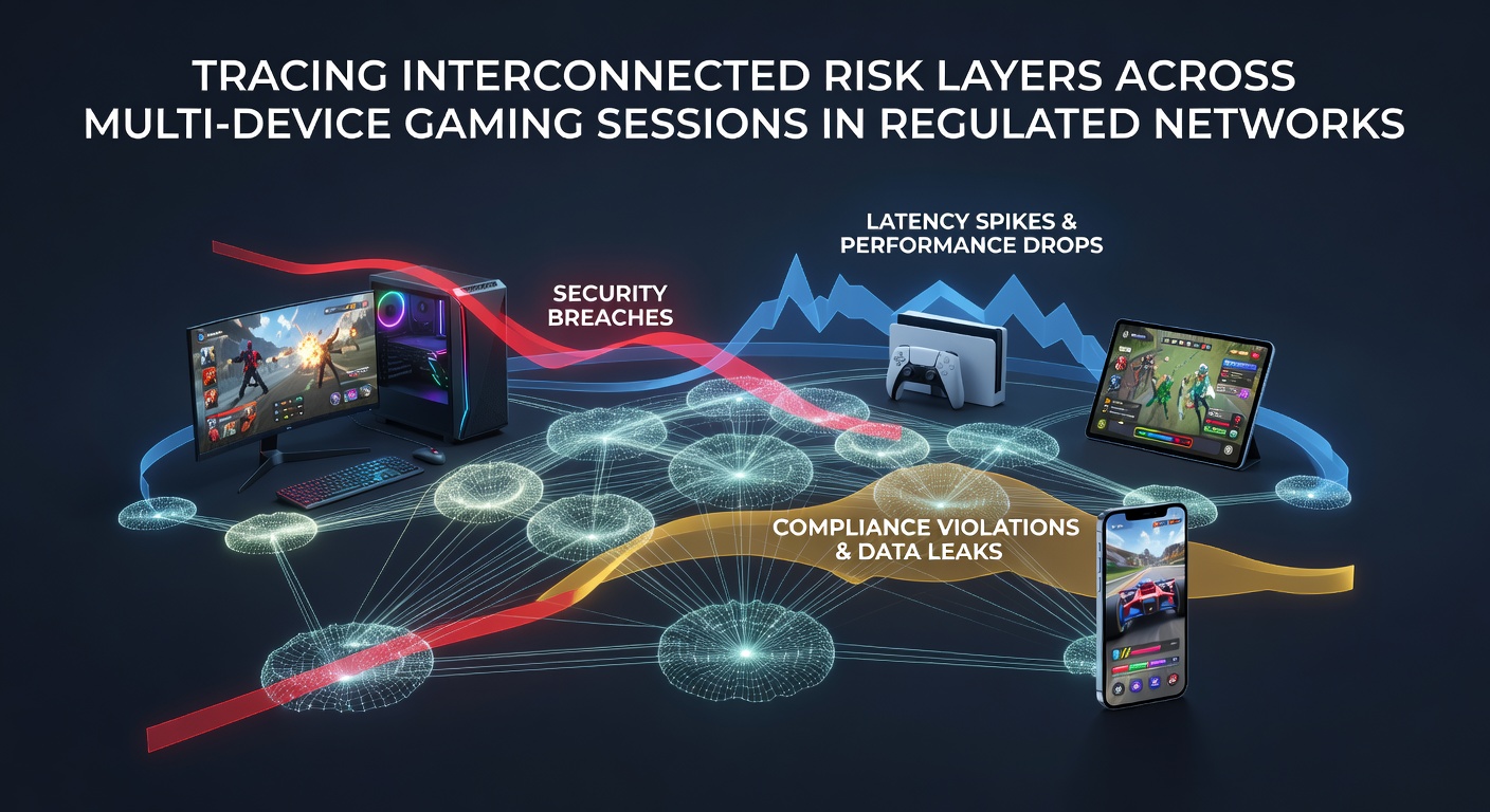 Diagram showing interconnected risk layers spanning smartphones, tablets and desktop devices in a regulated gaming network
