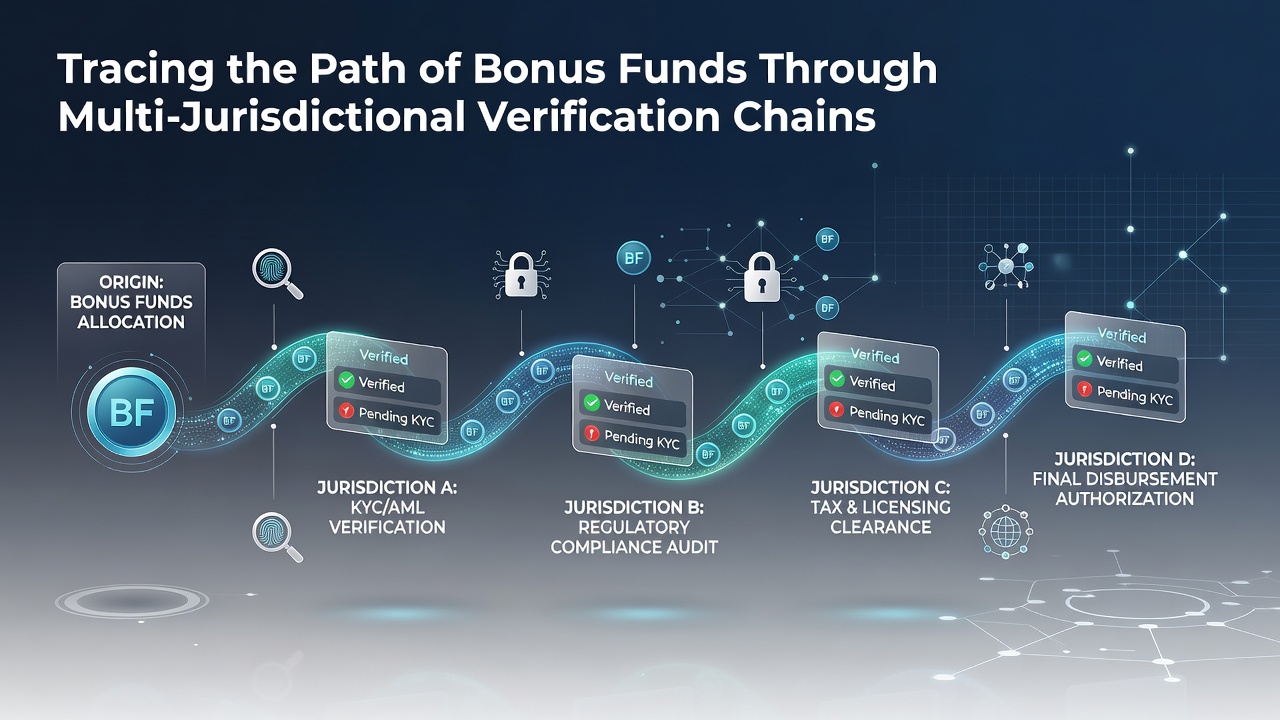 Flowchart showing multi-jurisdictional bonus fund verification steps and data sharing points